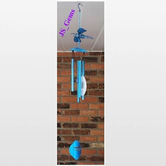 New Russo III Wind Chime Dragonfly Blue Metal Glass Home Outdoor - Picture 1 of 16